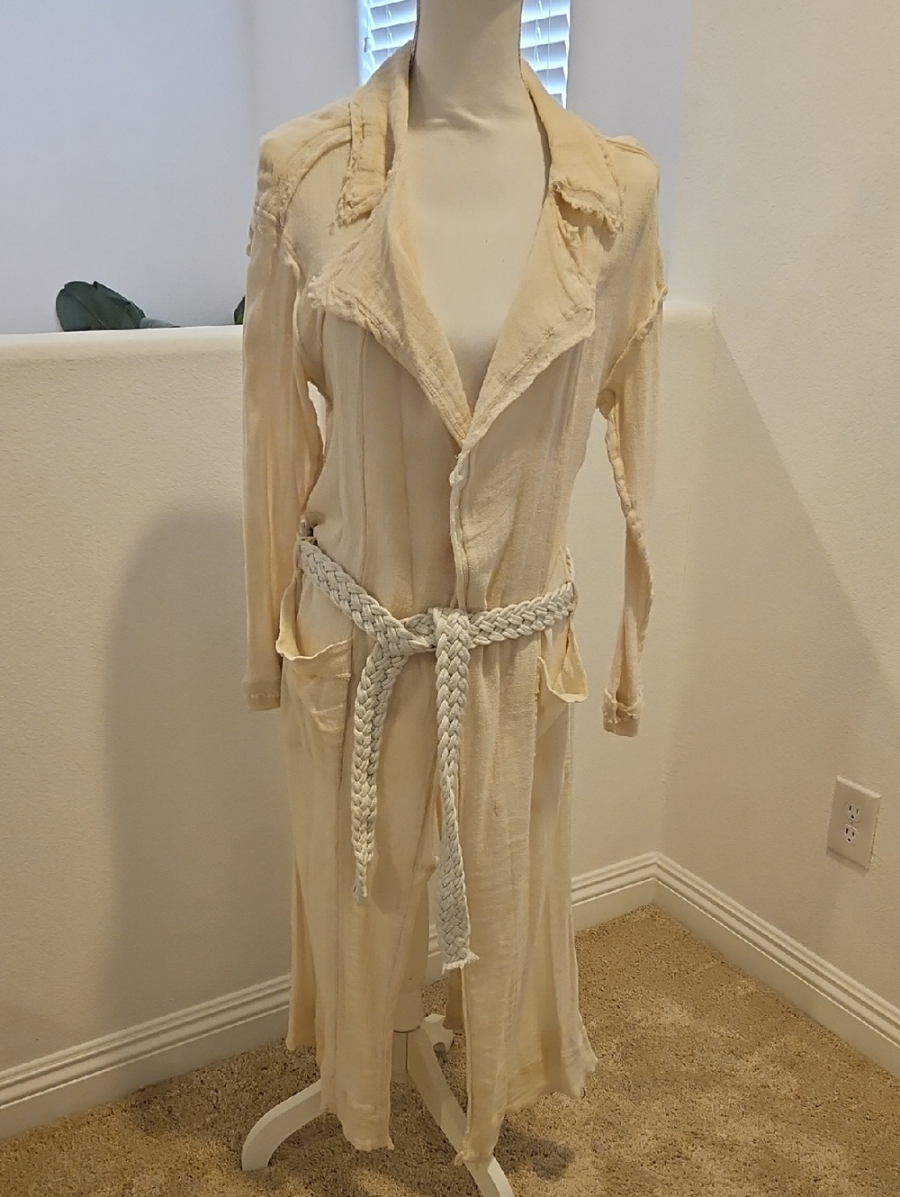 Free People Ivory Textured Mesh Open Cardigan with Braided Belt Sz M
